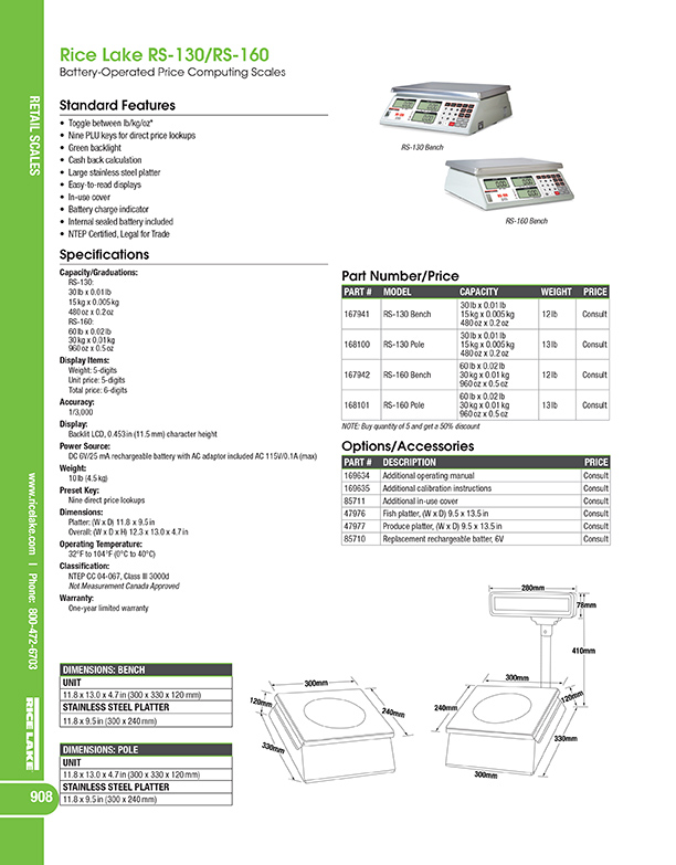 Rice Lake RS130 Food Price Computing Scale lbs kg oz, with RS232 port